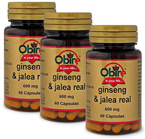 Obire | Ginseng + Jalea Real 600 mg | Pack 3 Unidades | 60 Cápsulas | Ayuda a Aumentar tu Rendimiento Físico y Mental | Ayuda para Combatir el Cansancio | Rico en Vitaminas y Minerales
