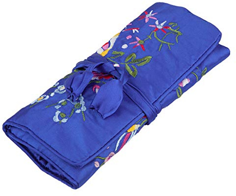 TUMBEELLUWA Embroidery Travel Jewelry Bag Roll Embroidered Flower and Bird Brocade Organizer with Tie Close, Blue