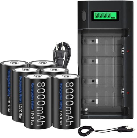 6 Pack Rechargeable D Batteries with Charger, 8000mAh 1.2V Ni-MH Rechargeable D Size Battery with Universal Charger for AA AAA 9V C D Battery - Storage Case Included