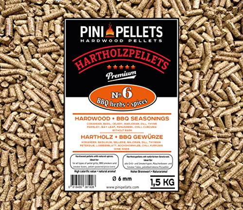 PINI Hårda träpellets № 6 BBQ Örter + kryddor 1,5 kg Grill pellets för grillning, rökning, även för pelletsugnar
