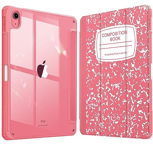 FINTIE Hybrid Slim Case for iPad 10th Generation 10.9 Inch Tablet (2022 Model) - [Built-in Pencil Holder] Shockproof Cover with Clear Transparent Back Shell, Auto Wake/Sleep, Composition Book Pink