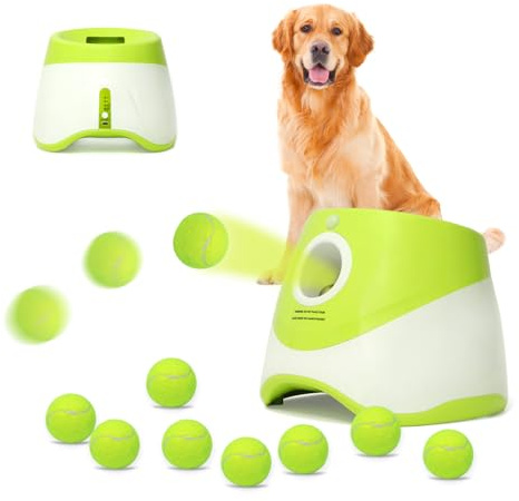 Jovani - Lanzador automático de Pelotas para Perros, Distancia de 10 a 30 pies, Juguete Interactivo para Perros pequeños para Interiores y Exteriores, Incluye 9 Pelotas de Tenis (2 Pulgadas), mantén