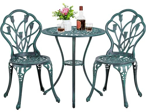 Yaheetech 3 TLG. Sitzgruppe Bistroset Gartentisch mit 2 Stühlen Balkonset Aluminiumguss Gartengarnitur Gartenmöbel für Garten/Balkon/Terrasse, Grün