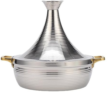 Yiustldd Edelstahl-Tajine-Topf mit kegelförmigem, geschlossenem Deckel, Antihaft-Slow-Cooker-Pfanne mit 2 Griffen für Induktionskochfeld und Gasherd,Silber,30cm
