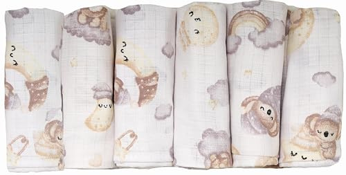 FENSILO Baby dregellappar | Muslinblöjor – 6-pack 70 x 80 cm för baby och nyfödda | muslindukar för pojkar och flickor | skötdukar av bomull | Täck|10022