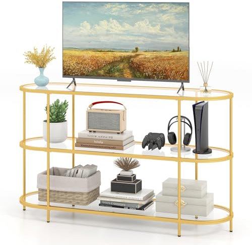 KOMFOTTEU Konsolentisch aus gehärtetem Glas, Eingangtisch Flurtisch 3 Ebenen, TV Regal 140 x 41 x 82 cm, Fernsehentisch für Fernseher bis 65 Zoll