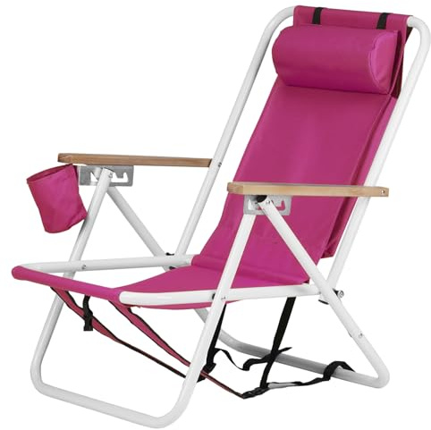 Bonnlo Backpack Beach Chair with Four Adjustable Positions, Portable Folding Camping Chair with Headrest, 120kg Capacity, Pink