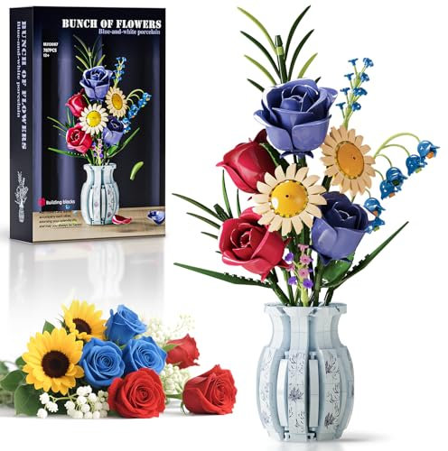 Flowers Bouquet Building Blocks Set with Porcelain Style Vase, Roses, Sunflower, Lily of The Valley for Adults Girls Botanical Collection Home Office Décor, Gifts for Valentines Birthdays Mother’s Day