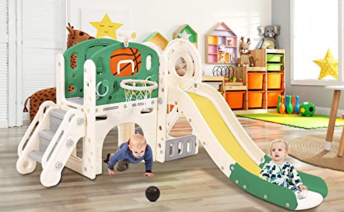 Merax Children's Slide Toddler slide: Long Slide, Storage Box, Tunnel, Basketball Hoop, and More – Toddler-Friendly Fun with Easy Assembly and HDPE