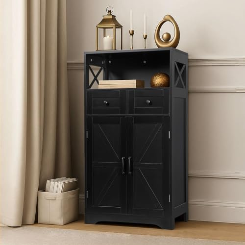 ZENY Farmhouse Storage Cabinet with Doors and Drawers, Freestanding Kitchen Pantry Cabinet, Floor Storage Cabinet Hutch Cupboard for Dining Living Room Home Office (Black)