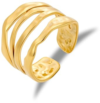 ALEXCRAFT Stainless Steel Gold Rings for Women, 18K Goldplated Large Chunky Wide Hammered Curved Open Rings Gold Adjustable Fixed Multi Layering Layered Stackable Wide Thumb Ring for Women Lady Men