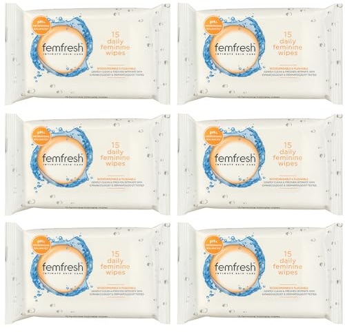 6 x Femfresh Daily Feminine Wipes 15 Count – pH & Microbiome Balanced, Biodegradable & Flushable Intimate Cleansing Wipes, Gentle for Daily Sensitive Skin, Freshness for Home & Travel