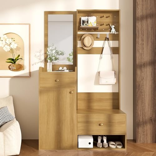 NNJN Armario compacto, moderno estante de entrada multifuncional – Almacenamiento elegante con espejo, ganchos ajustables y estantes espaciosos para zapatos, abrigos y objetos pequeños (color madera)