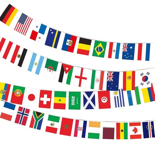 Zueyen Cadena de banderines de 48 países del Mundo 2026, 14,5 m, guirnalda decorativa de fútbol, cadena internacional para eventos deportivos y bares, 14 x 21 cm