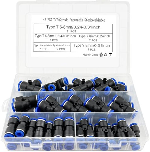 xianzhanEU 42 Pièces Raccord Rapide Air Comprimé, 6mm/8mm Raccord Pneumatique, Raccord Air Comprimé, Raccord Compresseur, Connecteur Droit Pneumatique, Avec Box(T/Y/I)