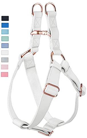 Soft Leather No Pull Dog Harness - Adjustable Step in Dog Harness with Rose Gold Heavy Duty Metal Buckle, Freedom Nylon Dog Halter Vests for Small Medium Large Dogs Easy Walking Training (White,L)