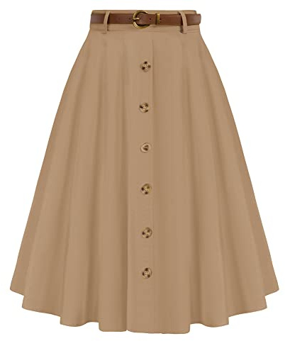 Khaki A-Line Skirt for Women Vintage High Waisted Midi Skirt with Pocket Khaki SkirtsM