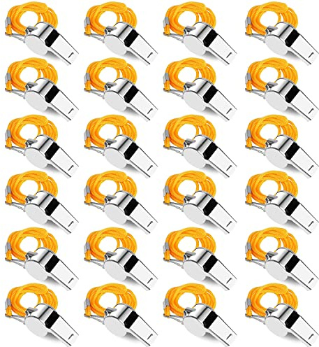 SHENGQIDZ 24 Pack Whistles, Stainless Steel Sports Loud Crisp Sound Whistles with Lanyard,Whistles Great for Referees, Coaches