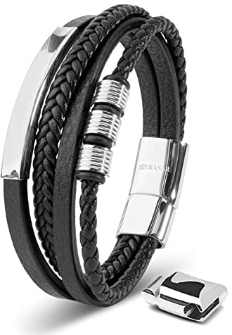 SERASAR - Bracciale da uomo in pelle di alta qualità, con chiusura magnetica in acciaio inox, nero, argento e oro, con scatola per gioielli, ottima idea regalo, 20cm, Pelle, No Gemstone