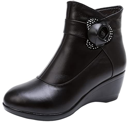 rismart Femme Cuir Cheville Bottes Noir Courte Doublé de Fourrure Bottine Compensée 38