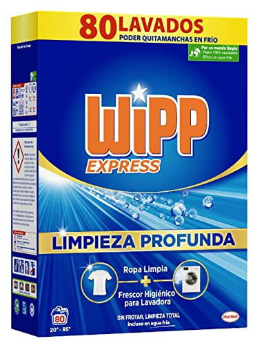 Wipp Express Limpieza Profunda (80 lavados), detergente en polvo quitamanchas, para lavadora, coladas higiénicamente limpias