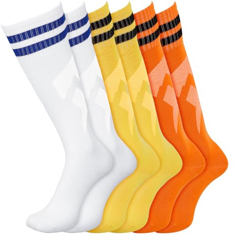 3 Pairs Kids Football Socks Non Slip Sports Socks Breathable Long Soccer Sock Yellow Orange White for Boys Girls Children Youth Junior(Aged 8-12) Running,Training,Rugby,Hockey Soccer