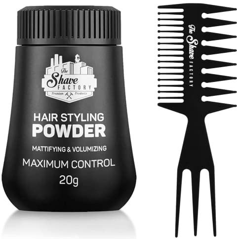 The Shave Factory Hair Styling Powder Polvere opacizzante e volumizzante, con tipi di pettine adatti a tutte le aree di utilizzo, pettine per capelli e cera in polvere (Comb 034 & Styling Powder)
