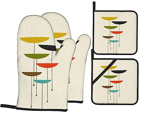 Mid Century Stampa Moderna Guanti Antiscivolo Impermeabile 4 Pz Set Per Cottura Cottura Bbq Guanti Da Forno Resistenza Al Calore