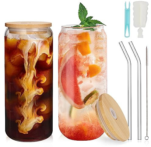 UHAPEER Lot de 2 Verres à Boire avec Couvercles, 660ml/22oz Verre Avec Paille, Réutilisables verres à long drink canettes En forme de canette, Pour café, mojito, soda, matcha, bière