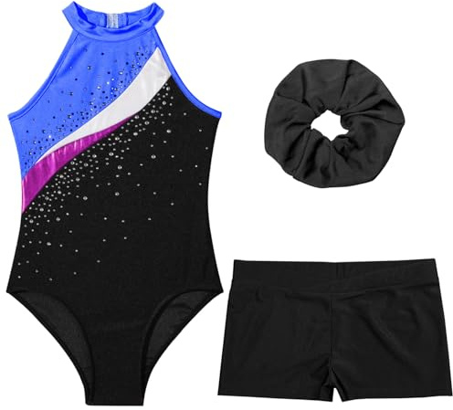 Yruioon Flicka gymnastikdräkt glitter ärmlös gymnastik leotard med korta byxor hårband barn gymnastikdräkt gymnastik kostym dans kostym, A svart och kungsblå, 146-152
