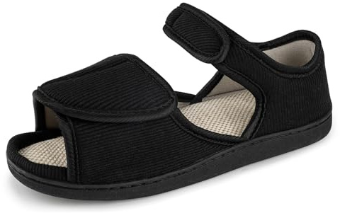 TIESTRA Men's Breathable Diabetic Sandals,Wide Width Adjustable Hook & Loop Open Toe Slippers for Swollen Feet, Edema, Arthritis, Elderly Indoor/Outdoor Black EU44/US11