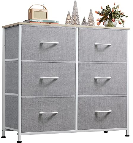 WLIVE Kommode mit 6 Schubladen aus Stoff, Kommodenschrank für Schlafzimmer, Kommode Wohnzimmer, mit Stabiler Stahlrahmen, Holzplatte, Hellgrau