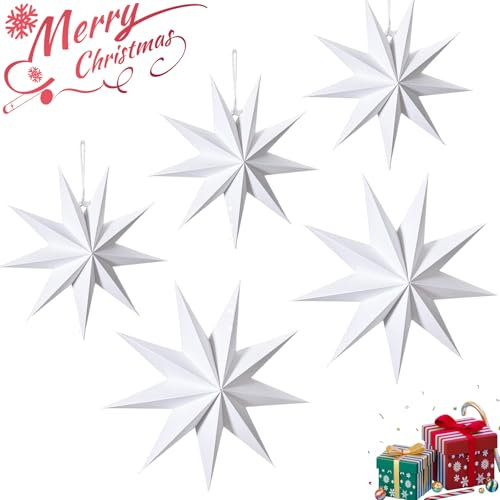 JINXIAN 5 Pezzi Stella di Carta Natalizia Bianco Stelle di Carta da Appendere 3D Stelle di Carta Stelle Decorative da Finestra per Decorare Natale Matrimonio Compleanni Festa