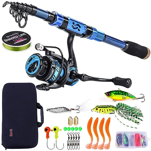 Combos de caña de pescar y carrete Sougayilang, caña de pescar telescópica de fibra de carbono y carrete giratorio 12 +1 BB con maletín para equipo de pesca de agua dulce y salada, kit de 2,1 m