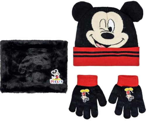 ILS I LOVE SHOPPING Juego de 3 piezas con gorro de invierno, braga de cuello, bufanda y guantes para niño, talla única, suaves y cálidos, para Mickey Mouse, Para Mickey Mouse, talla unica
