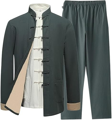 Traditionelle chinesische Baumwollleinen-Langarm-Kung-Fu-Kleidung für Herren, Tai-Chi-Uniform, Herren-Wing-Chun-Kleidung, Tang-Anzug, Hanfu-Jacke, Hemdmantel, Kampfsportanzug, Grün, (XXL-3XL