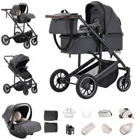 Kakbgee Carrito de Bebé 3 en 1, Cochecito Bebe con ECE R129 Asiento de Coche, Mango Ajustable de Altura, Carro de Visión alta con Marco de Aluminio, Gris Oscuro (22KG, 0-4 Años)