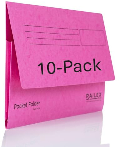 Railex Pocket Folder Foolscap Document Wallets - Cerise Folders Pack of 10 for Paperwork A4 and A4+, Recycled Board File Foolscap Document Wallet, Premium Filing Folder for Office and Home