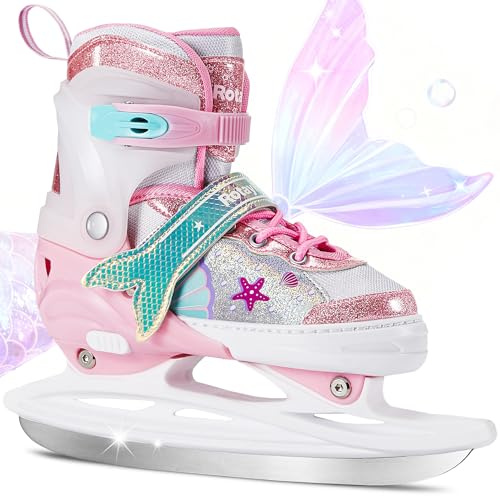 Rotayi Adjustable Ice Skates for Girls Age 3-12 Years Toddler Ice Hockey Skates Indoor Outdoor Soft Warm Comfortable Lined Ice Skates Triple