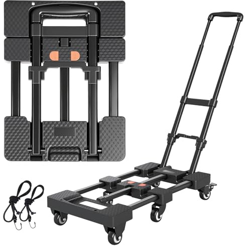 Folding Hand Truck, Portable Heavy Duty Dolly Cart, 3.2KG Lightweight Foldable Moving Trolley with 2 Elastic Ropes, 6 Wheels Design with Wheel Brake for Travel, Moving & Storage