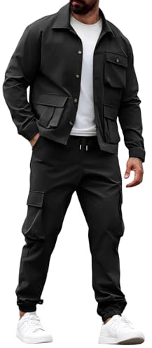 Mens 2 Piece Outfits Casual Athletic Jogging Solid Color Tracksuits Long Sleeve Button Down Cargo Tactical Shirt and Sport Pants Sets Oversize Black