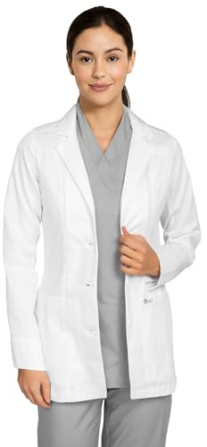 B-well Livia Camice medico corto da donna bianco – Camice da laboratorio medico con collo a risvolto, maniche lunghe, 3 tasche, abbottonatura – Cura & Clinica Abbigliamento da lavoro, bianco, XS