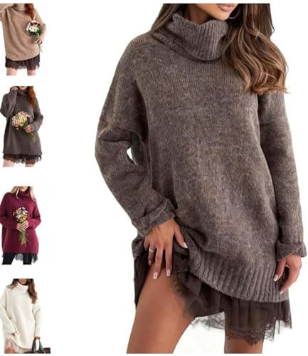 Ensemble robe pull col roulé pour femme, ensemble de 2 pièces avec robe pull et débardeur élégant à bordure en dentelle en tricot souple oversized, marron, S