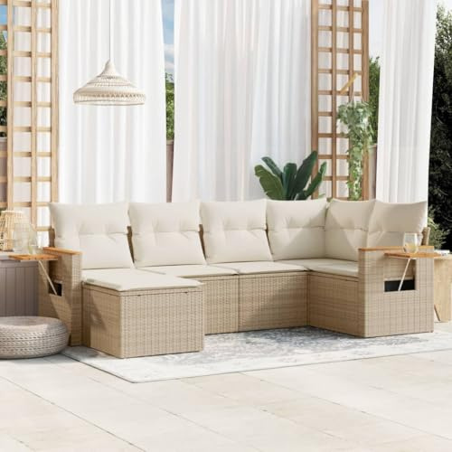 JHQHSM Set di 6 divani da giardino con cuscino, beige, polyrattan, design modulare con vano portaoggetti e sacchetto impermeabile, ripiani pieghevoli, rivestimenti rimovibili, in rattan PE durevole