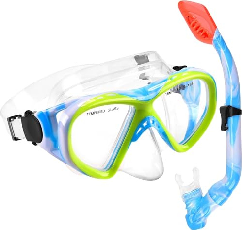 Kids Snorkel Set, Anti-Fog Kids Snorkel Mask 180 Degree Panoramic View