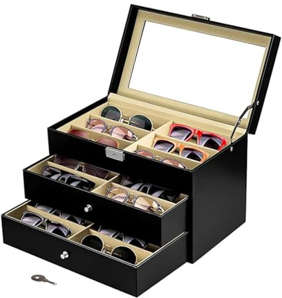 KingSaid Caja Organizadora de Gafas con Tapa de Cristal y Cajones – Estuche Expositor de Gafas de Sol y Joyas, Cuero Sintético Premium, Gran Capacidad, para Hombre y Mujer (Tres plantas)
