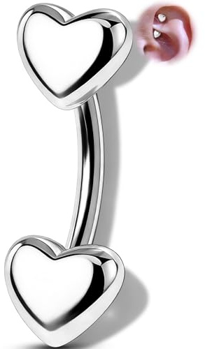 OUFER 16G Heart Curved Barbell Rook Earring, 316L Stainless Steel Rook Piercing Bar 6 mm, Minimalist Silver Eyebrow Piercing Jewellery for Women Daily Wear