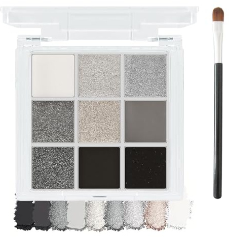 Paleta de Sombras de Ojos Ahumadas de 9 Colores con Pincel, Sombras de Ojos Mate y Brillantes en Tonos Negro, Blanco y Gris Plateado, Maquillaje de Ojos de Larga Duración y Alta Pigmentación