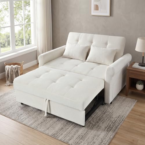 BTM Convertible Pull Out Sofa Bed, 2 Seater Sleeper Loveseat with Side Storage Pocket, Multi-Functional Fold Out Guest Couch with Rolling Casters, Space Saving Sofa Sleeper for Small Apartment