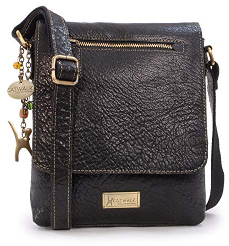 Catwalk Collection Handbags - Women's Leather Anti Theft Crossbody Bag - Medium Messenger Bag - Adjustable Shoulder Strap - Anja - Black